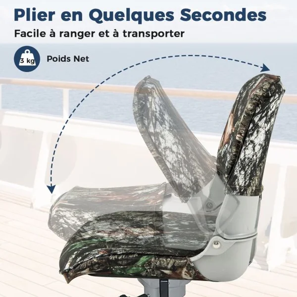 Siège de Bateau Rembourré à Dossier Pliable Siège de Pêche avec 4 Boulons Rembourrage en Éponge Épaisse Camouflage