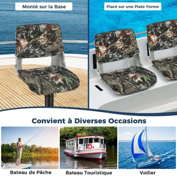 Siège de Bateau Rembourré à Dossier Pliable Siège de Pêche avec 4 Boulons Rembourrage en Éponge Épaisse Camouflage