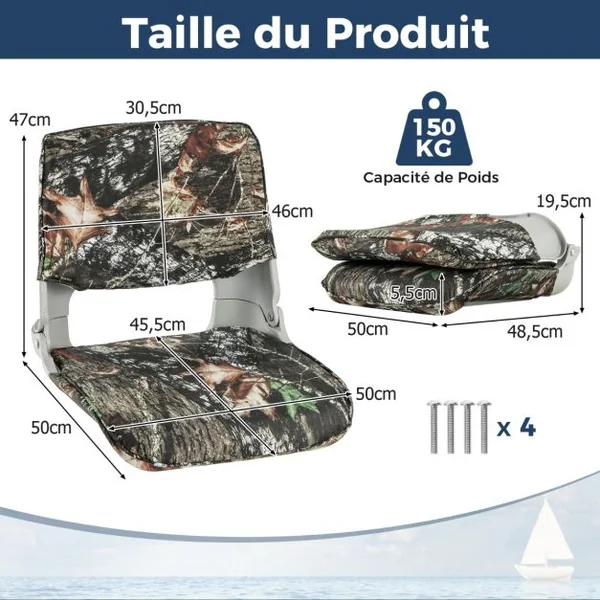 Siège de Bateau Rembourré à Dossier Pliable Siège de Pêche avec 4 Boulons Rembourrage en Éponge Épaisse Camouflage