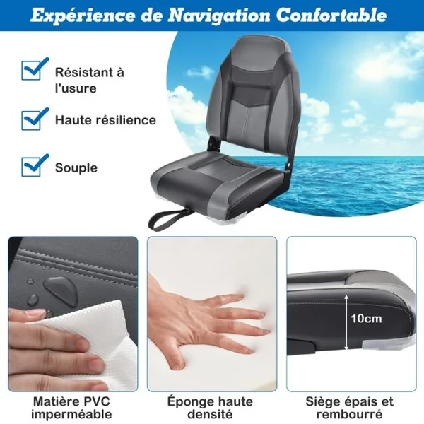 Siège de Bateau/Lot de 2 Sièges Pliante à Dossier Surface en PVC Imperméable Siège de Pêche avec en Éponge Haute Densité Bleu/Noir