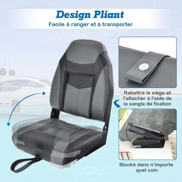 Siège de Bateau/Lot de 2 Sièges Pliante à Dossier Surface en PVC Imperméable Siège de Pêche avec en Éponge Haute Densité Bleu/Noir