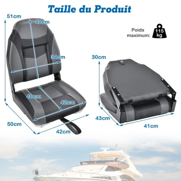 Siège de Bateau/Lot de 2 Sièges Pliante à Dossier Surface en PVC Imperméable Siège de Pêche avec en Éponge Haute Densité Bleu/Noir