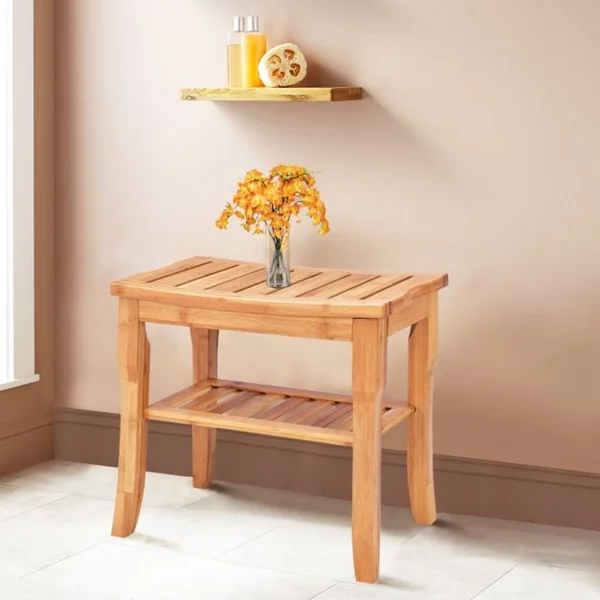 Siège de Douche en Bambou Tabouret de Douche avec Etagère de Rangement Antidérapant Charge Max. 85KG 47,5 x 26 x 44,5 cm Marron