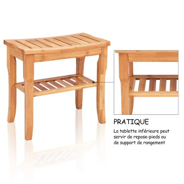 Siège de Douche en Bambou Tabouret de Douche avec Etagère de Rangement Antidérapant Charge Max. 85KG 47,5 x 26 x 44,5 cm Marron