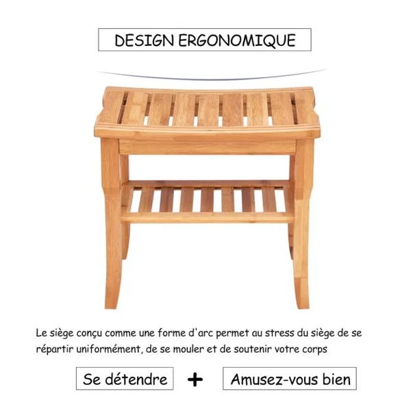 Siège de Douche en Bambou Tabouret de Douche avec Etagère de Rangement Antidérapant Charge Max. 85KG 47,5 x 26 x 44,5 cm Marron