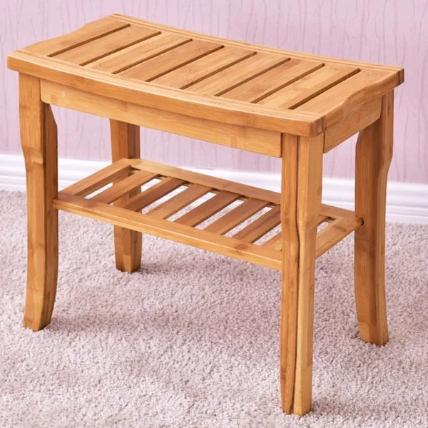 Siège de Douche en Bambou Tabouret de Douche avec Etagère de Rangement Antidérapant Charge Max. 85KG 47,5 x 26 x 44,5 cm Marron