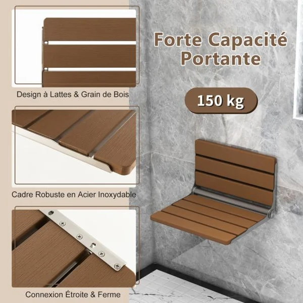 Siège de Douche Pliable Fixé au Mur Banc de SDB Rabattable HIPS étanche Banc à Chaussures Polyvalent Chaise de Douche Murale Pliable Marron
