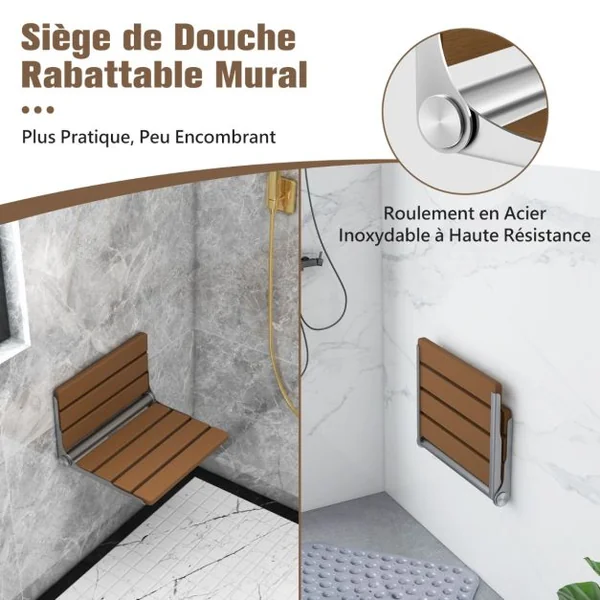 Siège de Douche Pliable Fixé au Mur Banc de SDB Rabattable HIPS étanche Banc à Chaussures Polyvalent Chaise de Douche Murale Pliable Marron