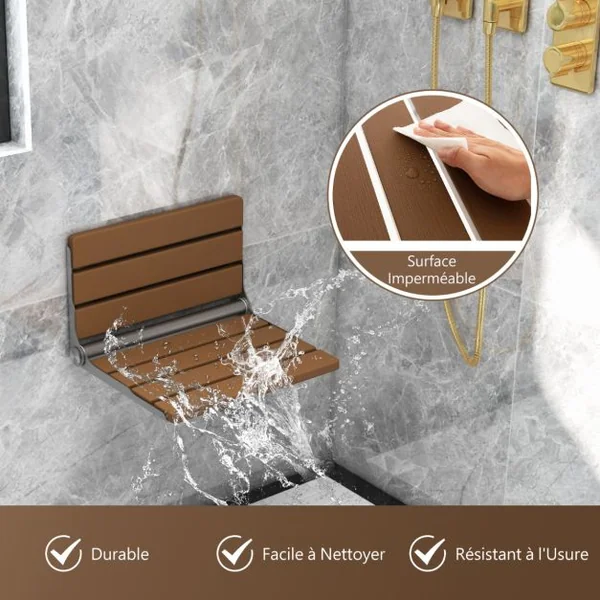 Siège de Douche Pliable Fixé au Mur Banc de SDB Rabattable HIPS étanche Banc à Chaussures Polyvalent Chaise de Douche Murale Pliable Marron