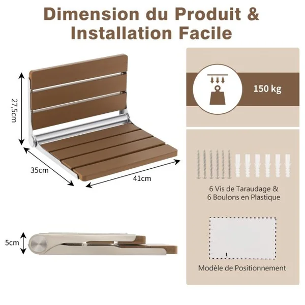 Siège de Douche Pliable Fixé au Mur Banc de SDB Rabattable HIPS étanche Banc à Chaussures Polyvalent Chaise de Douche Murale Pliable Marron