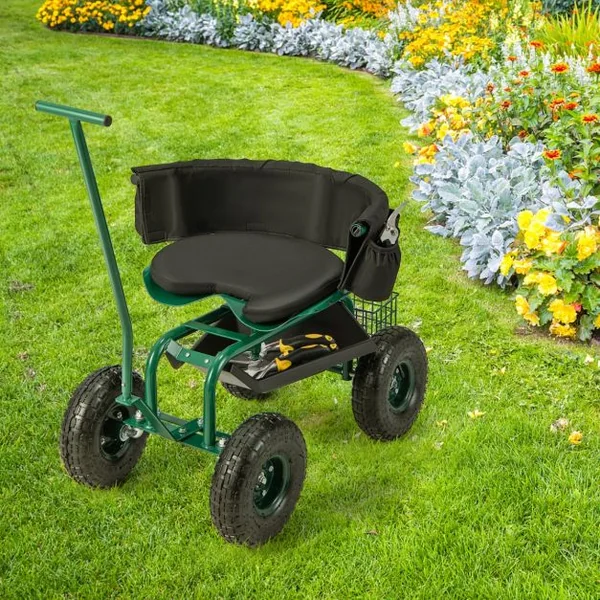 Siège de Jardin Roulant avec 2 Poignées de Direction Chariot Jardinage Réglable en Hauteur avec Siège Pivotant à 360° 90x59x106cm Vert