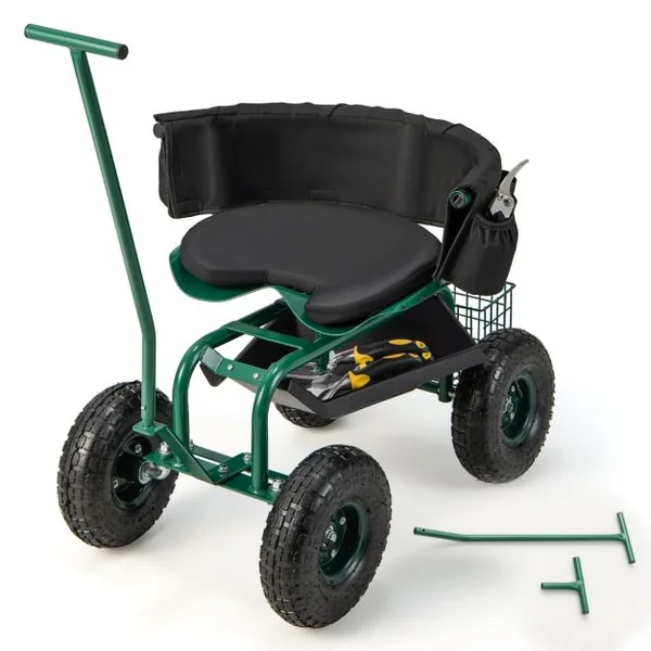 Siège de Jardin Roulant avec 2 Poignées de Direction Chariot Jardinage Réglable en Hauteur avec Siège Pivotant à 360° 90x59x106cm Vert