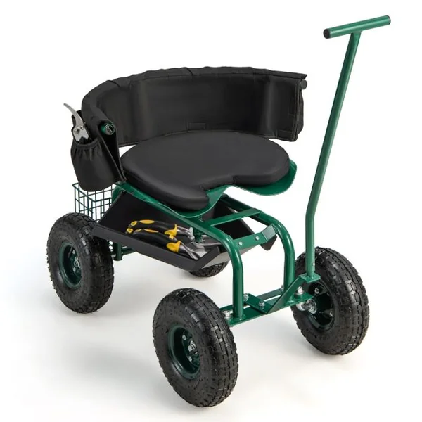 Siège de Jardin Roulant avec 2 Poignées de Direction Chariot Jardinage Réglable en Hauteur avec Siège Pivotant à 360° 90x59x106cm Vert