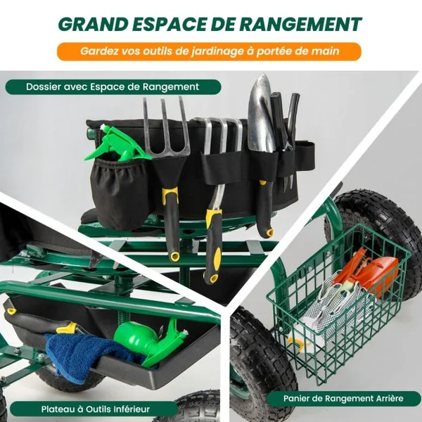 Siège de Jardin Roulant avec 2 Poignées de Direction Chariot Jardinage Réglable en Hauteur avec Siège Pivotant à 360° 90x59x106cm Vert