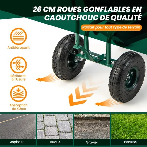 Siège de Jardin Roulant avec 2 Poignées de Direction Chariot Jardinage Réglable en Hauteur avec Siège Pivotant à 360° 90x59x106cm Vert