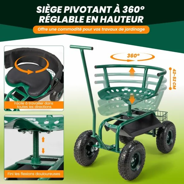 Siège de Jardin Roulant avec 2 Poignées de Direction Chariot Jardinage Réglable en Hauteur avec Siège Pivotant à 360° 90x59x106cm Vert