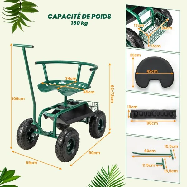 Siège de Jardin Roulant avec 2 Poignées de Direction Chariot Jardinage Réglable en Hauteur avec Siège Pivotant à 360° 90x59x106cm Vert
