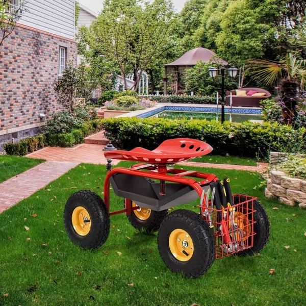 Siège de Jardin Roulant avec Hauteur Réglable Chariot Jardinage avec Siège Pivotant à 360° Plateau Coussin Charge 150KG Rouge/Vert/Bleu