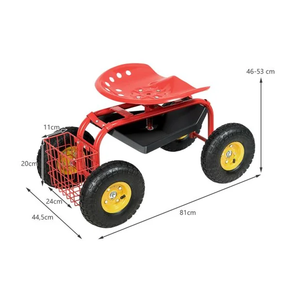Siège de Jardin Roulant avec Hauteur Réglable Chariot Jardinage avec Siège Pivotant à 360° Plateau Coussin Charge 150KG Rouge/Vert/Bleu