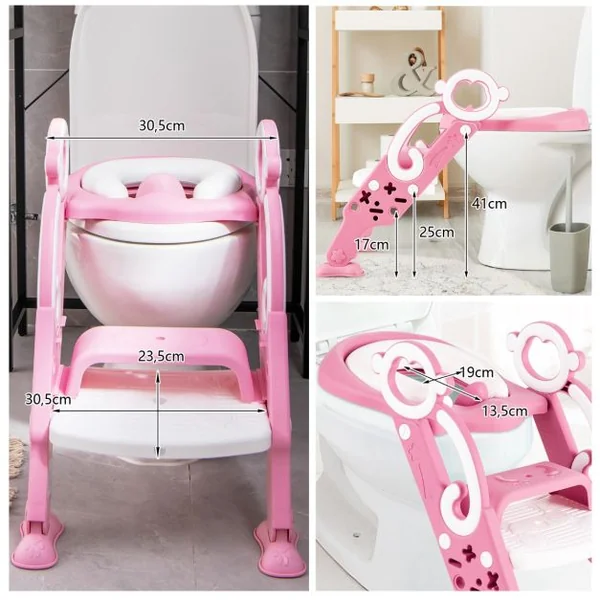 Siège de Toilette pour Bébé Pliable et Hauteur Réglable en PP&PVC Convient aux Enfants 1-8 Ans Rose