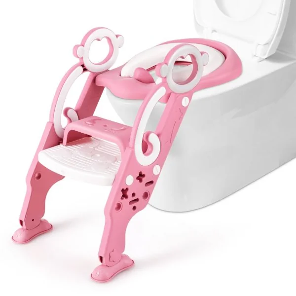 Siège de Toilette pour Bébé Pliable et Hauteur Réglable en PP&PVC Convient aux Enfants 1-8 Ans Rose