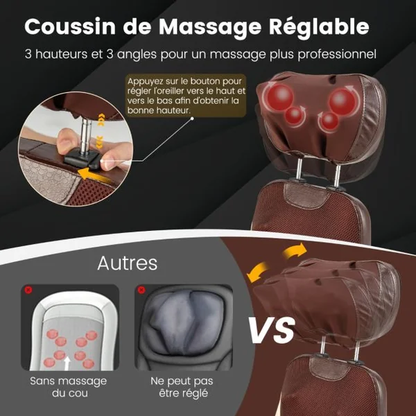 Siège Massage Shiatsu pour Cou et Dos avec Oreiller de Cou Réglable Fauteuil Massant avec 3 Vitesses et Minuterie à 3 Niveaux Télécommande