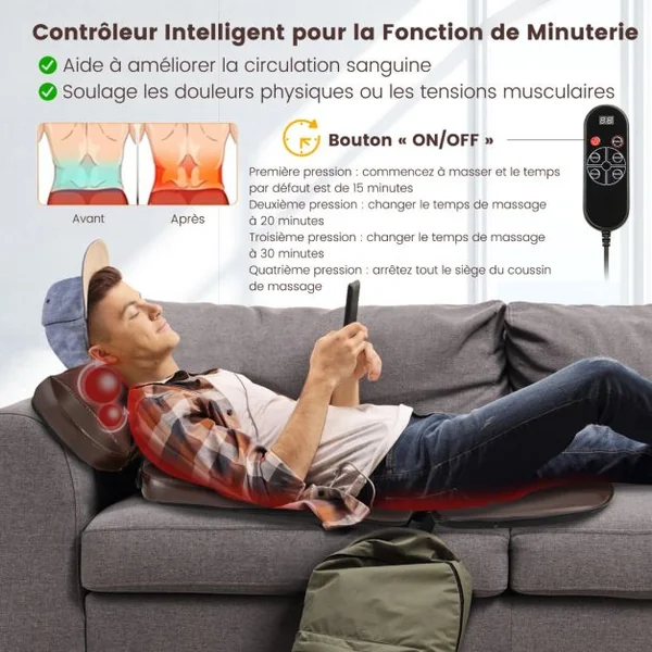 Siège Massage Shiatsu pour Cou et Dos avec Oreiller de Cou Réglable Fauteuil Massant avec 3 Vitesses et Minuterie à 3 Niveaux Télécommande