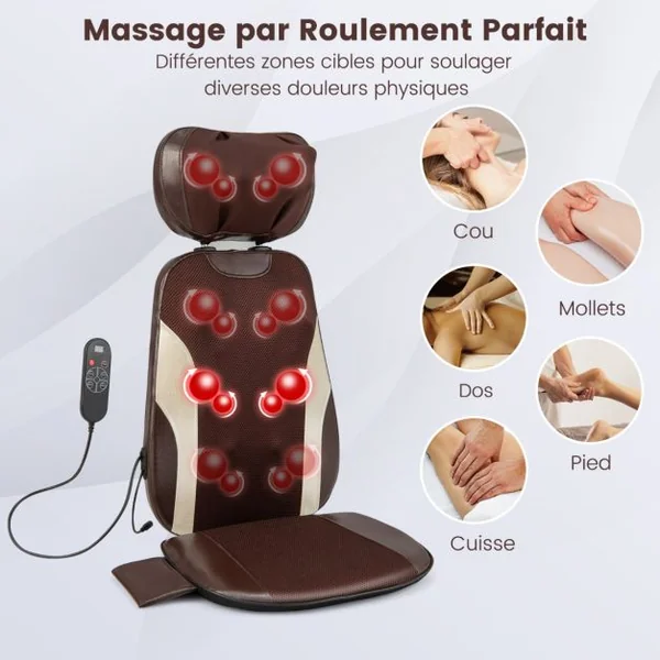 Siège Massage Shiatsu pour Cou et Dos avec Oreiller de Cou Réglable Fauteuil Massant avec 3 Vitesses et Minuterie à 3 Niveaux Télécommande