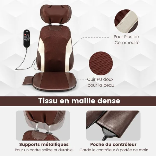Siège Massage Shiatsu pour Cou et Dos avec Oreiller de Cou Réglable Fauteuil Massant avec 3 Vitesses et Minuterie à 3 Niveaux Télécommande
