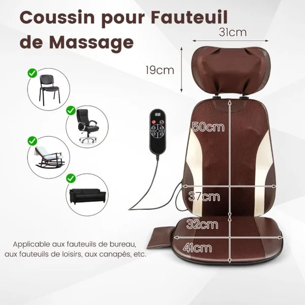 Siège Massage Shiatsu pour Cou et Dos avec Oreiller de Cou Réglable Fauteuil Massant avec 3 Vitesses et Minuterie à 3 Niveaux Télécommande