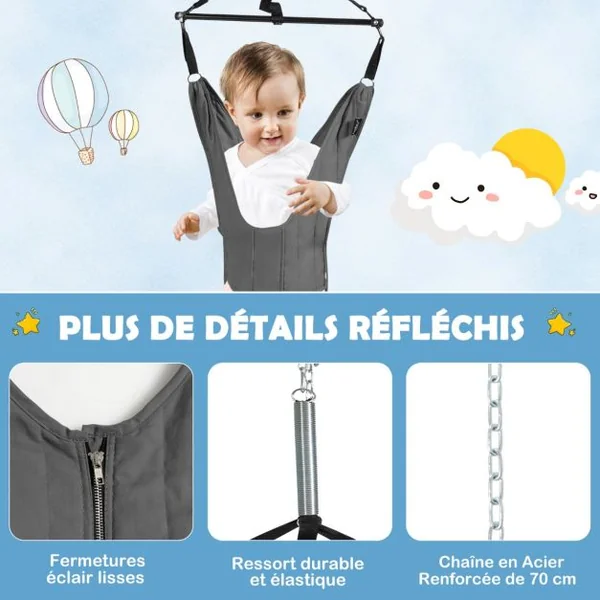 Siège Sauteur Ajustable à Suspendre pour Bébés de 6 à 12 mois Tissus Gris