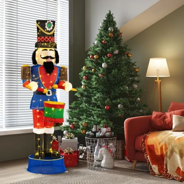 Soldat Casse-Noisette de 184 cm avec Chapeau et Epée Décoration de Noël 3D avec 110 Lumières LED Blanc Chaud Figurine de Noël