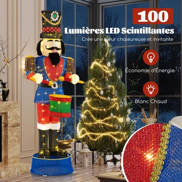 Soldat Casse-Noisette de 184 cm avec Chapeau et Epée Décoration de Noël 3D avec 110 Lumières LED Blanc Chaud Figurine de Noël