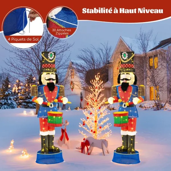 Soldat Casse-Noisette de 184 cm avec Chapeau et Epée Décoration de Noël 3D avec 110 Lumières LED Blanc Chaud Figurine de Noël