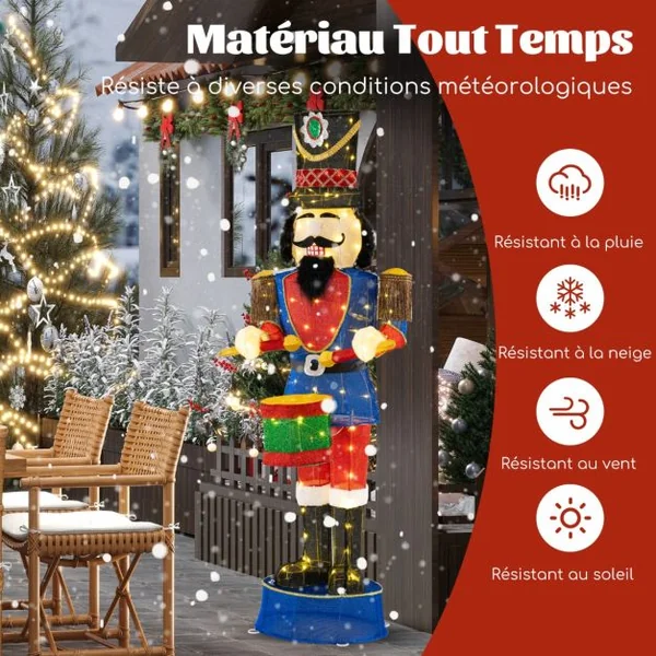 Soldat Casse-Noisette de 184 cm avec Chapeau et Epée Décoration de Noël 3D avec 110 Lumières LED Blanc Chaud Figurine de Noël