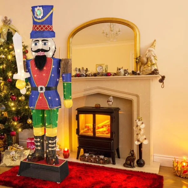 Soldat Casse-Noisette de 184 cm avec Chapeau et Epée Décoration de Noël 3D avec 110 Lumières LED Blanc Chaud Figurine Pailletée Etanche