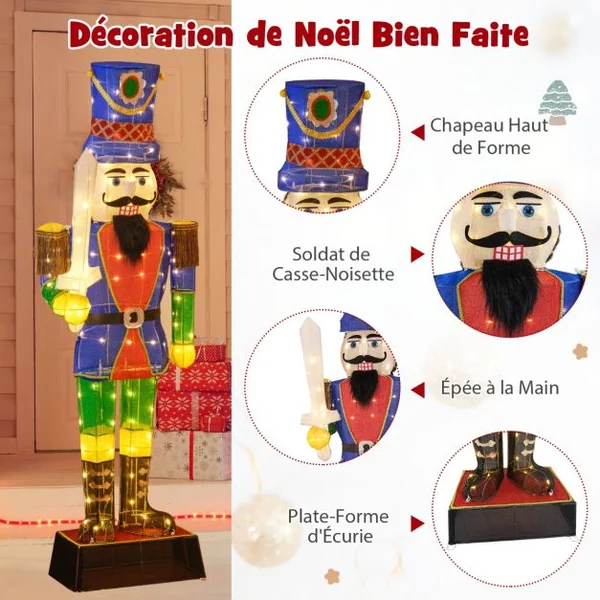 Soldat Casse-Noisette de 184 cm avec Chapeau et Epée Décoration de Noël 3D avec 110 Lumières LED Blanc Chaud Figurine Pailletée Etanche