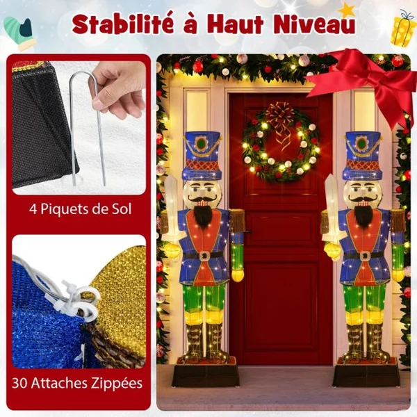 Soldat Casse-Noisette de 184 cm avec Chapeau et Epée Décoration de Noël 3D avec 110 Lumières LED Blanc Chaud Figurine Pailletée Etanche