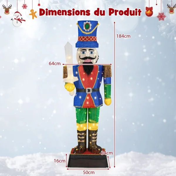 Soldat Casse-Noisette de 184 cm avec Chapeau et Epée Décoration de Noël 3D avec 110 Lumières LED Blanc Chaud Figurine Pailletée Etanche