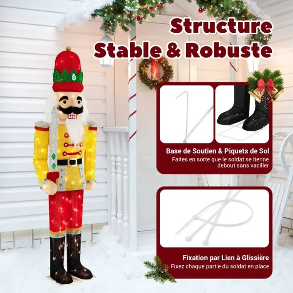 Soldat Casse-Noisettes de Noël Lumineux Figurine Grandeur Nature de 166 cm de Hauteur avec Socle en Métal Lumières LED