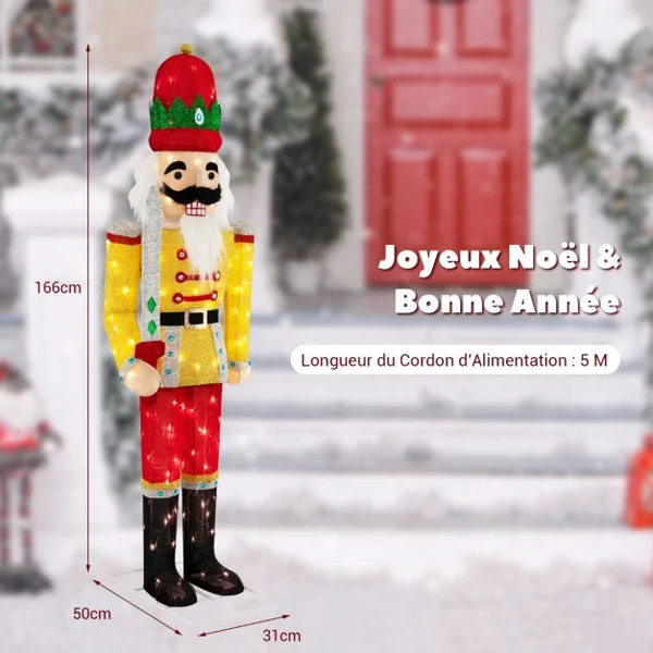 Soldat Casse-Noisettes de Noël Lumineux Figurine Grandeur Nature de 166 cm de Hauteur avec Socle en Métal Lumières LED