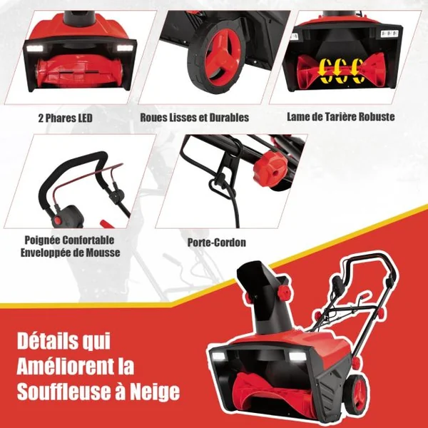 Souffleuse à Neige Électrique Manuelle avec 2 Lumières LED Déneigeuse Filaire 15 A 500 mm avec Goulotte Rotative à 180° Distance de Projection 9 m Rouge
