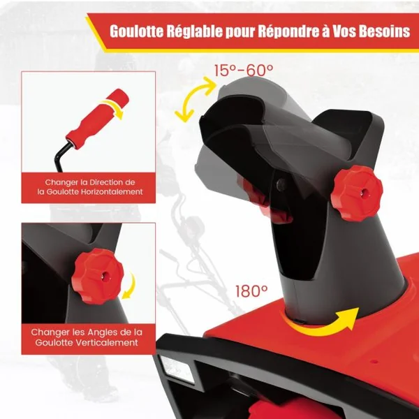 Souffleuse à Neige Électrique Manuelle avec 2 Lumières LED Déneigeuse Filaire 15 A 500 mm avec Goulotte Rotative à 180° Distance de Projection 9 m Rouge