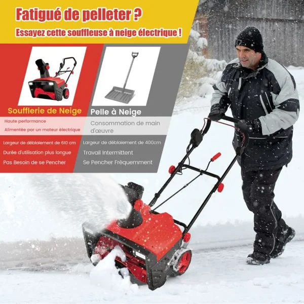 Souffleuse à Neige Électrique Manuelle avec 2 Lumières LED Déneigeuse Filaire 15 A 500 mm avec Goulotte Rotative à 180° Distance de Projection 9 m Rouge