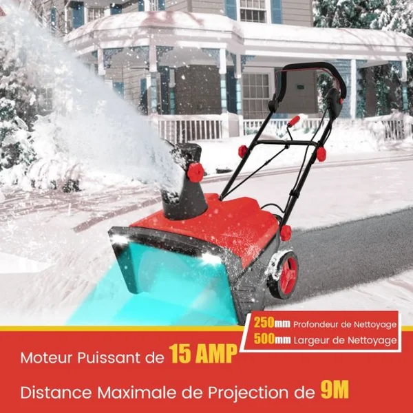 Souffleuse à Neige Électrique Manuelle avec 2 Lumières LED Déneigeuse Filaire 15 A 500 mm avec Goulotte Rotative à 180° Distance de Projection 9 m Rouge