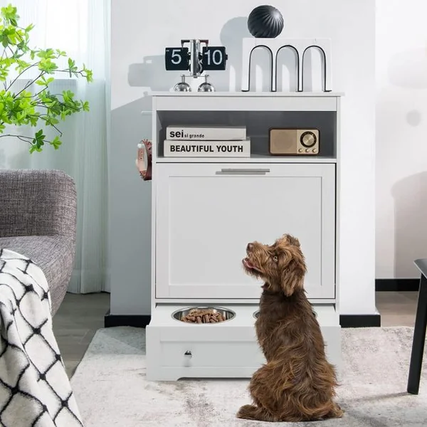 Station d'alimentation pour Animaux de Compagnie avec Bol en Acier Inoxydable Crochet de Suspension Dispositif Anti-basculement pour Placard à Porte Basculante