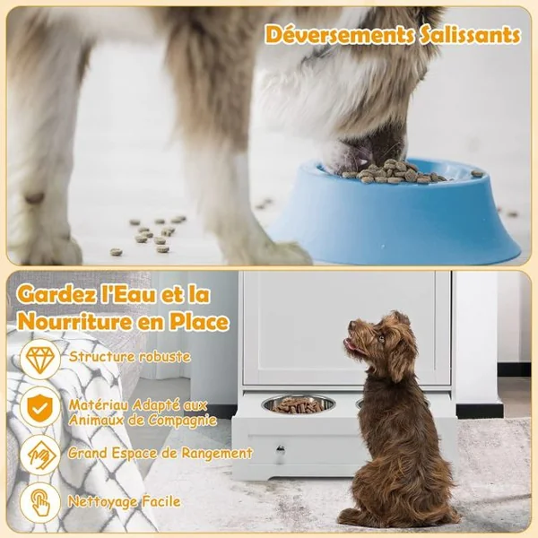 Station d'alimentation pour Animaux de Compagnie avec Bol en Acier Inoxydable Crochet de Suspension Dispositif Anti-basculement pour Placard à Porte Basculante
