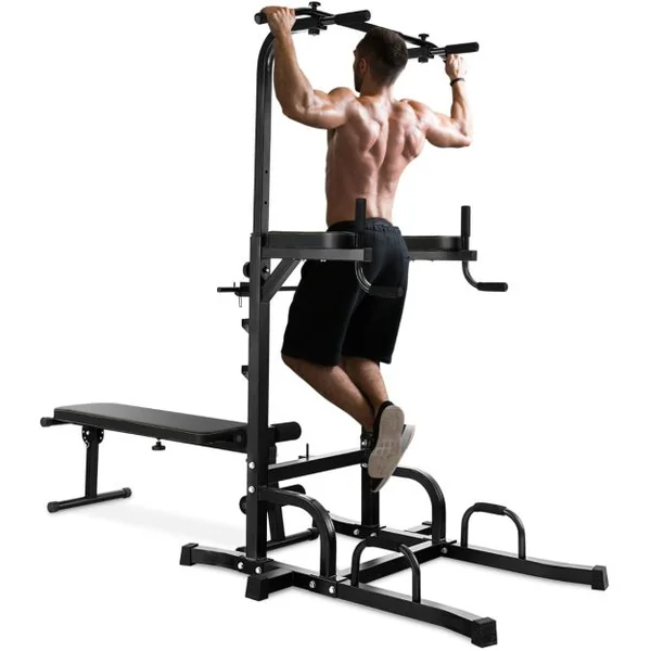 Station de Traction Musculation 7 Hauteurs 154-207CM avec Banc Pliable Fitness Barre de Traction Charge 250kg avec Coussin de Coude