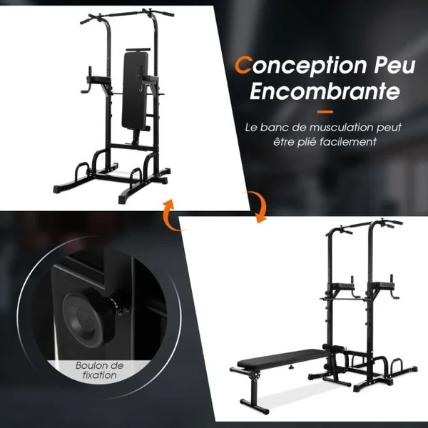 Station de Traction Musculation 7 Hauteurs 154-207CM avec Banc Pliable Fitness Barre de Traction Charge 250kg avec Coussin de Coude