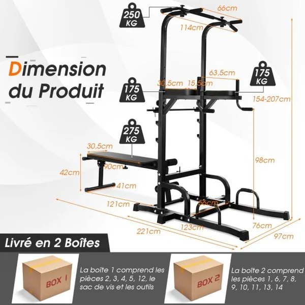 Station de Traction Musculation 7 Hauteurs 154-207CM avec Banc Pliable Fitness Barre de Traction Charge 250kg avec Coussin de Coude